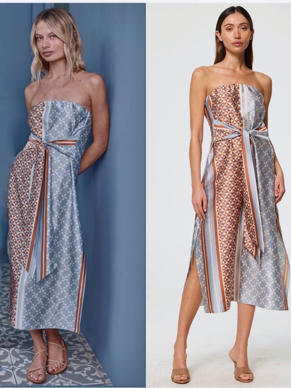 MISA NWOT Damalis midi Charmeuse checkered scarf dress SKY BLUE/Brown Medium